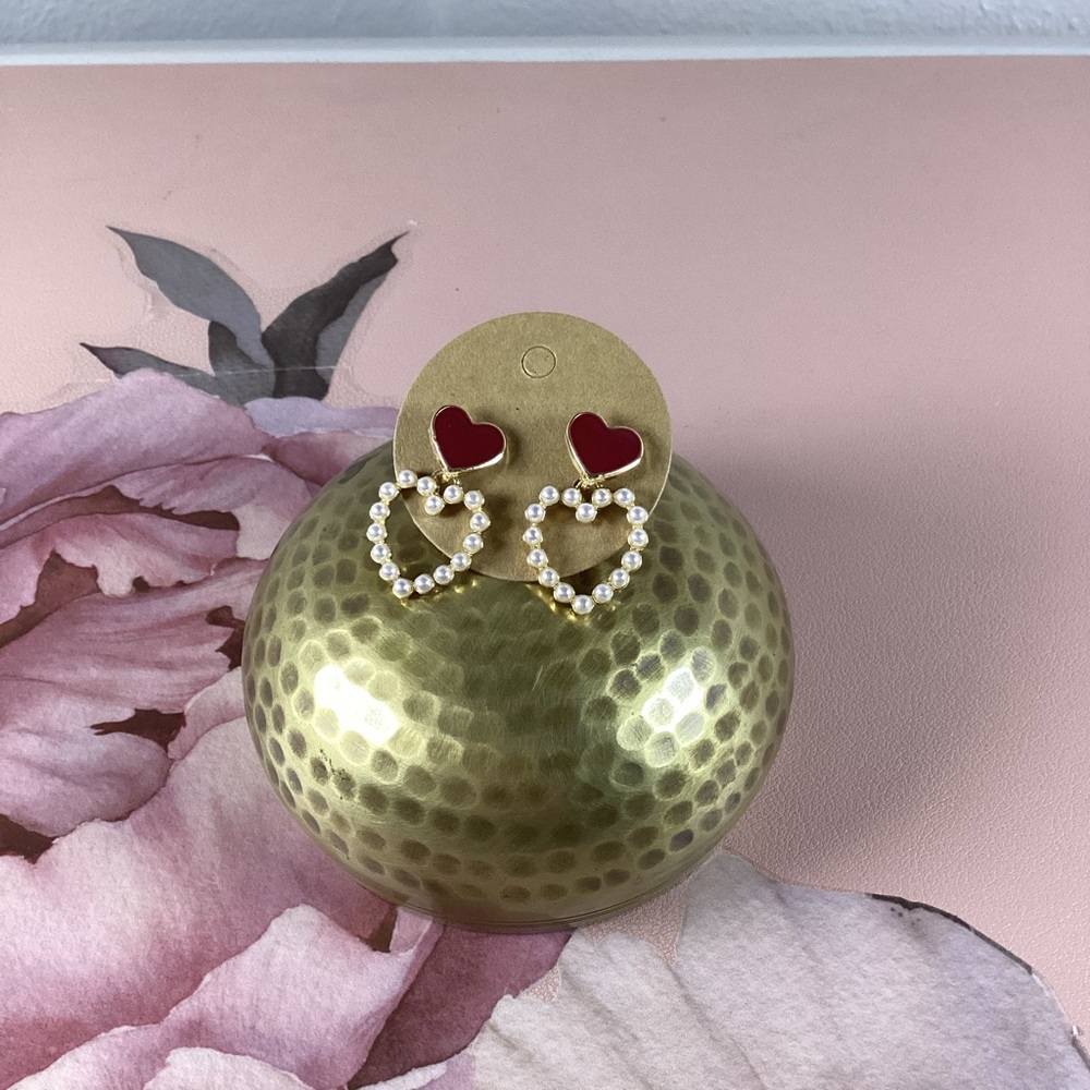 Wine Red Heart and Pearl Heart Drop Earrings